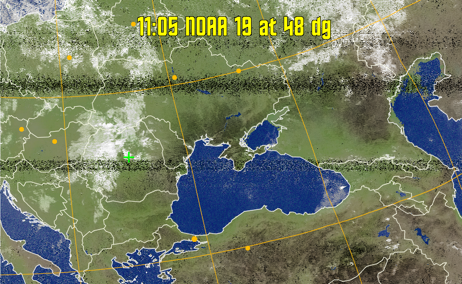 MCIR-precip: 
Colours the NOAA sensor 4 IR image using a map to colour the sea blue and land
green. High clouds appear white, lower clouds gray or land/sea coloured, clouds
generally appear lighter, but distinguishing between land/sea and low cloud may
be difficult. Darker colours indicate warmer regions.