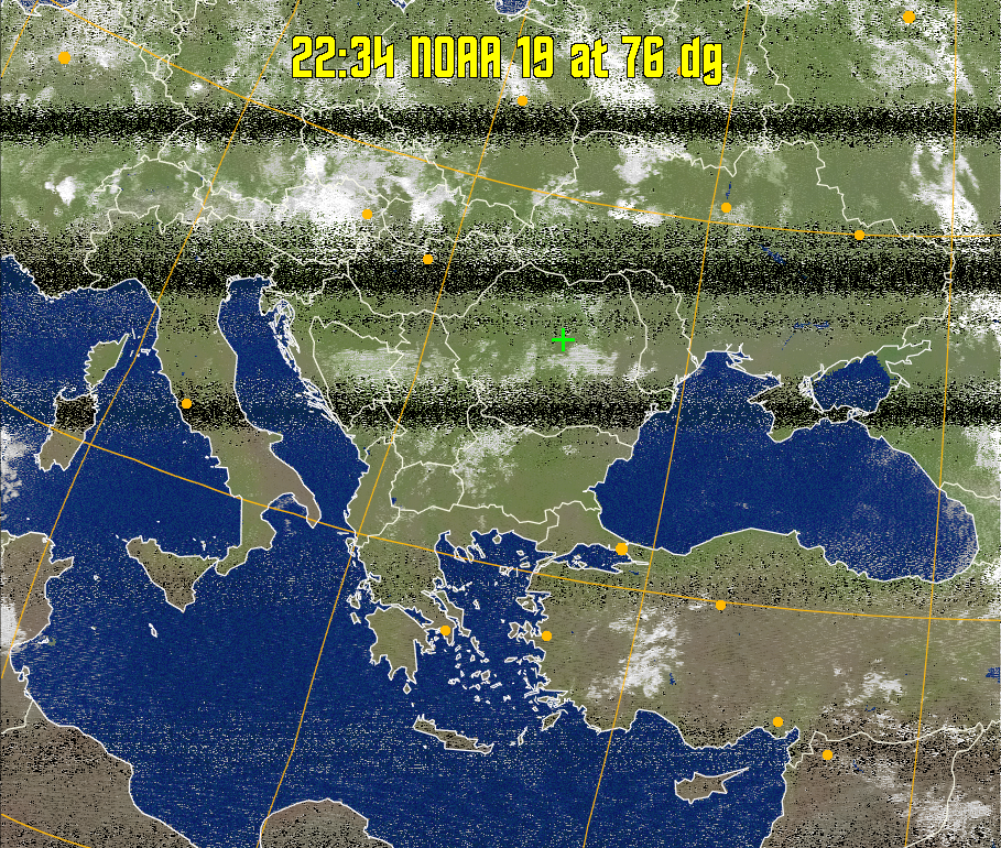 MCIR-precip: 
Colours the NOAA sensor 4 IR image using a map to colour the sea blue and land
green. High clouds appear white, lower clouds gray or land/sea coloured, clouds
generally appear lighter, but distinguishing between land/sea and low cloud may
be difficult. Darker colours indicate warmer regions.