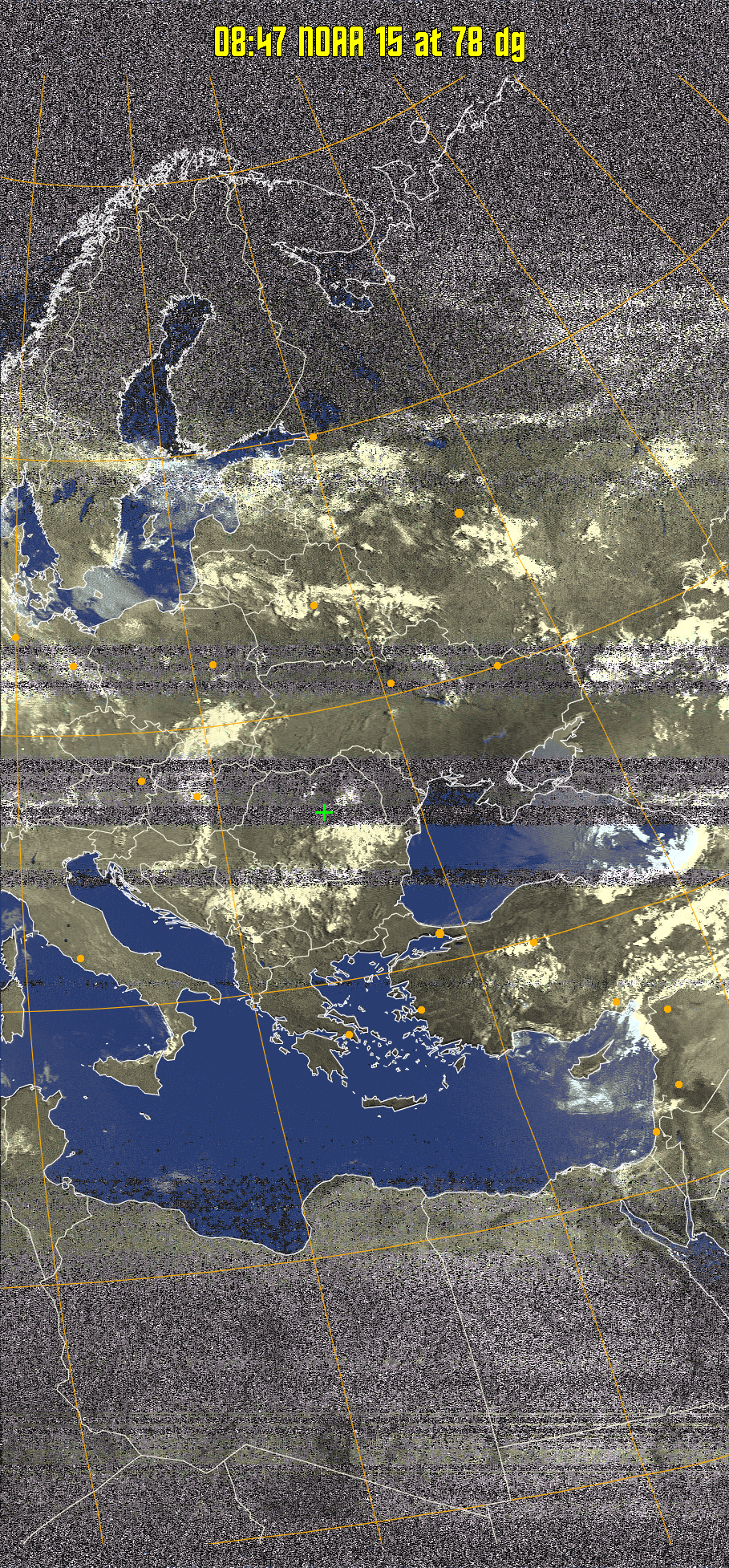 HVCT:
Similar to HVC, but with blue water and with colours more indicative of
land temperatures.
HVC:
Creates a false colour image from NOAA APT images based on temperature using
the HVC colour model. Uses the temperature derived from the sensor 4 image to
select the hue and the brightness from the histogram equalised other image to
select the value and chroma. The HVC colour model attempts to ensure that different colours at the same value will appear to the eye to be the same brightness
and the spacing between colours representing each degree will appear to the eye to
be similar. Bright areas are completely unsaturated in this model.
