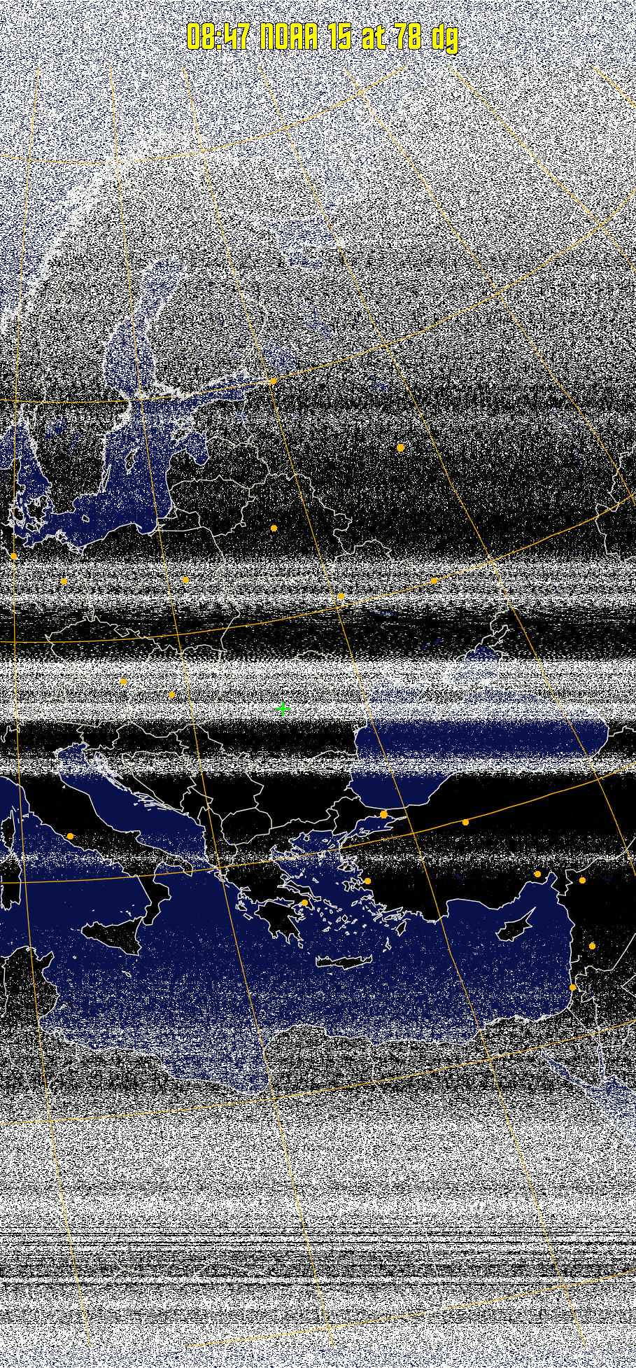 MCIR-precip: 
Colours the NOAA sensor 4 IR image using a map to colour the sea blue and land
green. High clouds appear white, lower clouds gray or land/sea coloured, clouds
generally appear lighter, but distinguishing between land/sea and low cloud may
be difficult. Darker colours indicate warmer regions.
