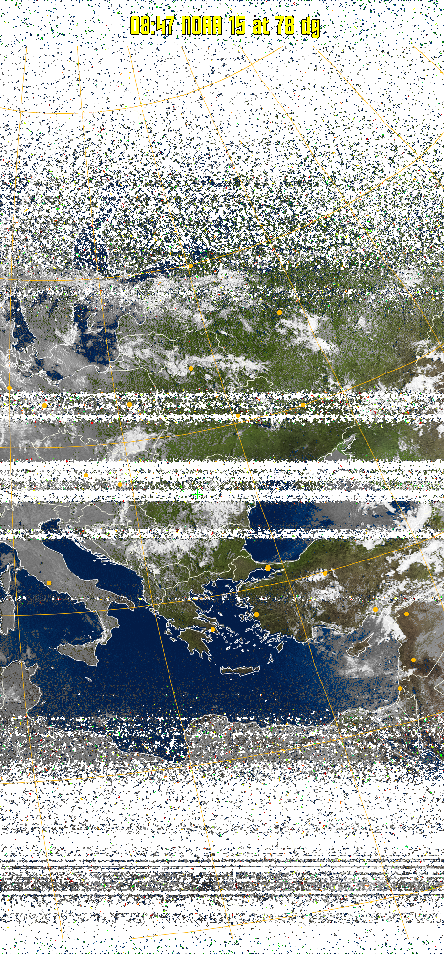 MSA-precip:
Same as MSA multispectral analysis, but high cold cloud tops are coloured the
same as the NO enhancement to give an approximate indication of the probability
and intensity of precipitation.