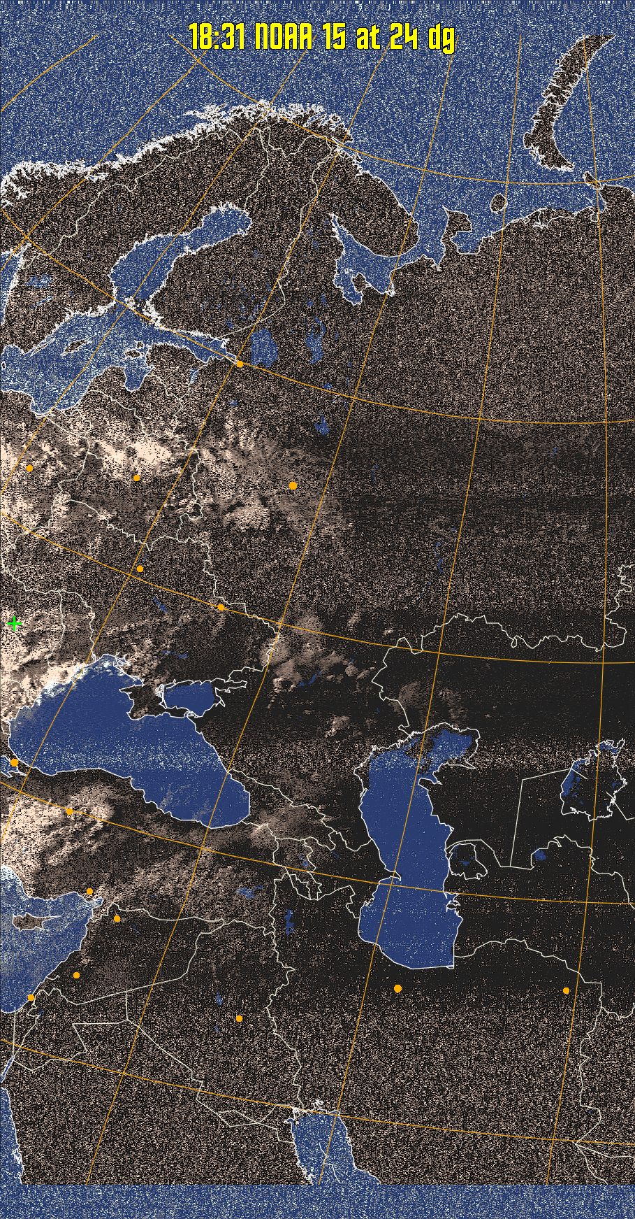 HVCT:
Similar to HVC, but with blue water and with colours more indicative of
land temperatures.
HVC:
Creates a false colour image from NOAA APT images based on temperature using
the HVC colour model. Uses the temperature derived from the sensor 4 image to
select the hue and the brightness from the histogram equalised other image to
select the value and chroma. The HVC colour model attempts to ensure that different colours at the same value will appear to the eye to be the same brightness
and the spacing between colours representing each degree will appear to the eye to
be similar. Bright areas are completely unsaturated in this model.