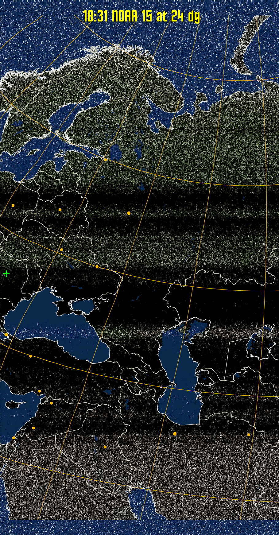 MCIR-precip: 
Colours the NOAA sensor 4 IR image using a map to colour the sea blue and land
green. High clouds appear white, lower clouds gray or land/sea coloured, clouds
generally appear lighter, but distinguishing between land/sea and low cloud may
be difficult. Darker colours indicate warmer regions.