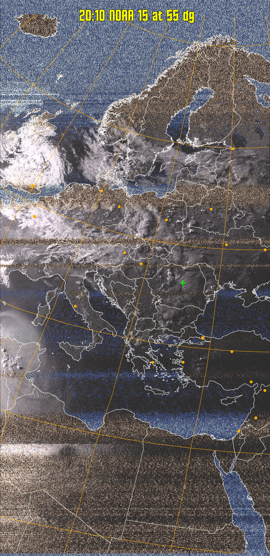 HVCT:
Similar to HVC, but with blue water and with colours more indicative of
land temperatures.
HVC:
Creates a false colour image from NOAA APT images based on temperature using
the HVC colour model. Uses the temperature derived from the sensor 4 image to
select the hue and the brightness from the histogram equalised other image to
select the value and chroma. The HVC colour model attempts to ensure that different colours at the same value will appear to the eye to be the same brightness
and the spacing between colours representing each degree will appear to the eye to
be similar. Bright areas are completely unsaturated in this model.