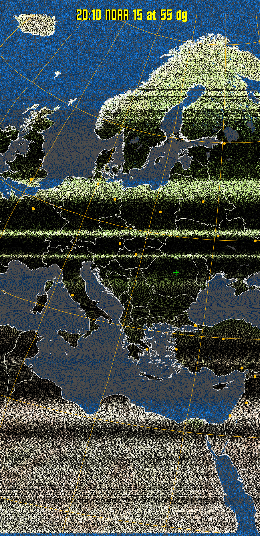 MCIR-precip: 
Colours the NOAA sensor 4 IR image using a map to colour the sea blue and land
green. High clouds appear white, lower clouds gray or land/sea coloured, clouds
generally appear lighter, but distinguishing between land/sea and low cloud may
be difficult. Darker colours indicate warmer regions.
