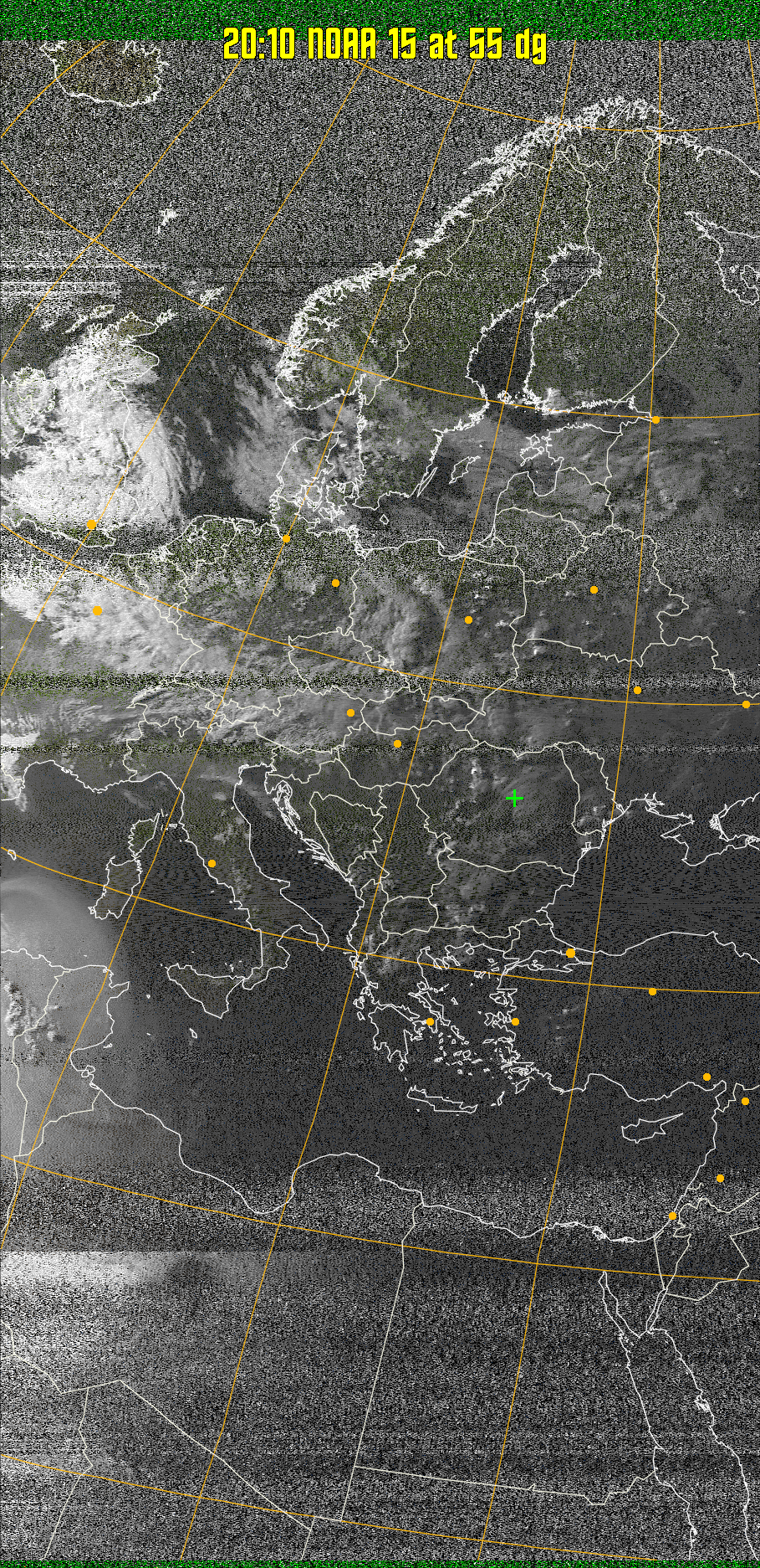 MSA-precip:
Same as MSA multispectral analysis, but high cold cloud tops are coloured the
same as the NO enhancement to give an approximate indication of the probability
and intensity of precipitation.