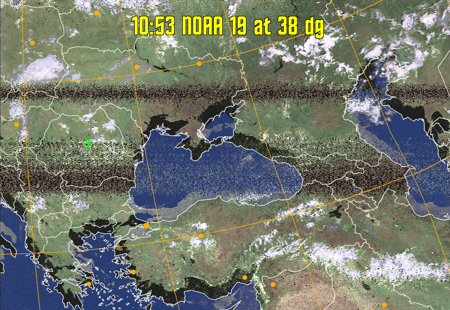 HVCT:
Similar to HVC, but with blue water and with colours more indicative of
land temperatures.
HVC:
Creates a false colour image from NOAA APT images based on temperature using
the HVC colour model. Uses the temperature derived from the sensor 4 image to
select the hue and the brightness from the histogram equalised other image to
select the value and chroma. The HVC colour model attempts to ensure that different colours at the same value will appear to the eye to be the same brightness
and the spacing between colours representing each degree will appear to the eye to
be similar. Bright areas are completely unsaturated in this model.