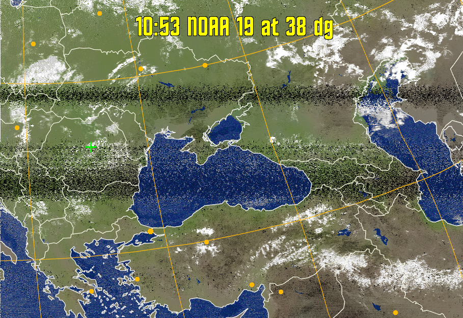 MCIR-precip: 
Colours the NOAA sensor 4 IR image using a map to colour the sea blue and land
green. High clouds appear white, lower clouds gray or land/sea coloured, clouds
generally appear lighter, but distinguishing between land/sea and low cloud may
be difficult. Darker colours indicate warmer regions.