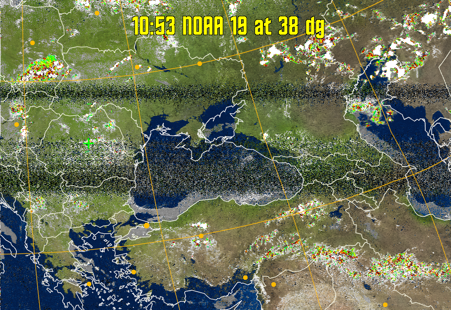 MSA-precip:
Same as MSA multispectral analysis, but high cold cloud tops are coloured the
same as the NO enhancement to give an approximate indication of the probability
and intensity of precipitation.
