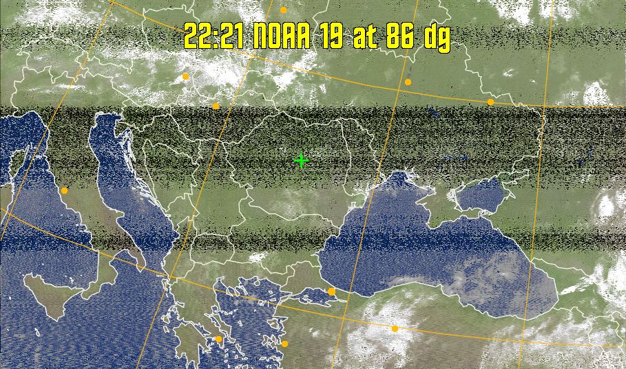MCIR-precip: 
Colours the NOAA sensor 4 IR image using a map to colour the sea blue and land
green. High clouds appear white, lower clouds gray or land/sea coloured, clouds
generally appear lighter, but distinguishing between land/sea and low cloud may
be difficult. Darker colours indicate warmer regions.