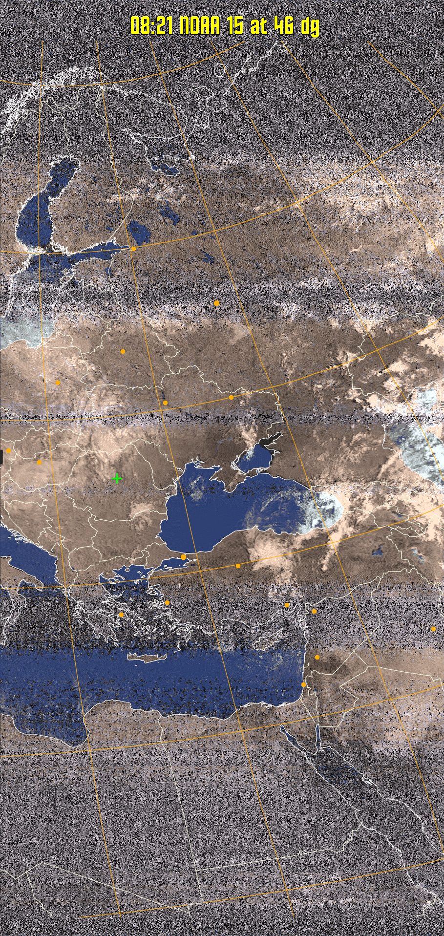 HVCT:
Similar to HVC, but with blue water and with colours more indicative of
land temperatures.
HVC:
Creates a false colour image from NOAA APT images based on temperature using
the HVC colour model. Uses the temperature derived from the sensor 4 image to
select the hue and the brightness from the histogram equalised other image to
select the value and chroma. The HVC colour model attempts to ensure that different colours at the same value will appear to the eye to be the same brightness
and the spacing between colours representing each degree will appear to the eye to
be similar. Bright areas are completely unsaturated in this model.