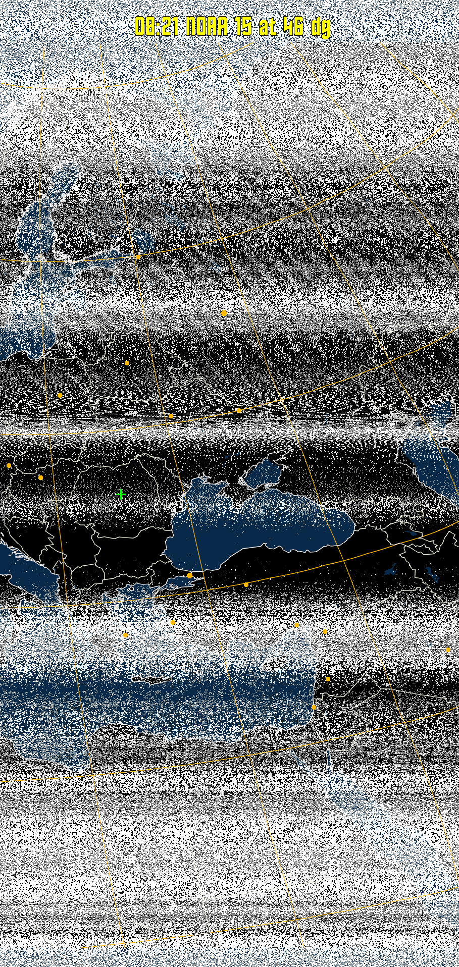 MCIR-precip: 
Colours the NOAA sensor 4 IR image using a map to colour the sea blue and land
green. High clouds appear white, lower clouds gray or land/sea coloured, clouds
generally appear lighter, but distinguishing between land/sea and low cloud may
be difficult. Darker colours indicate warmer regions.