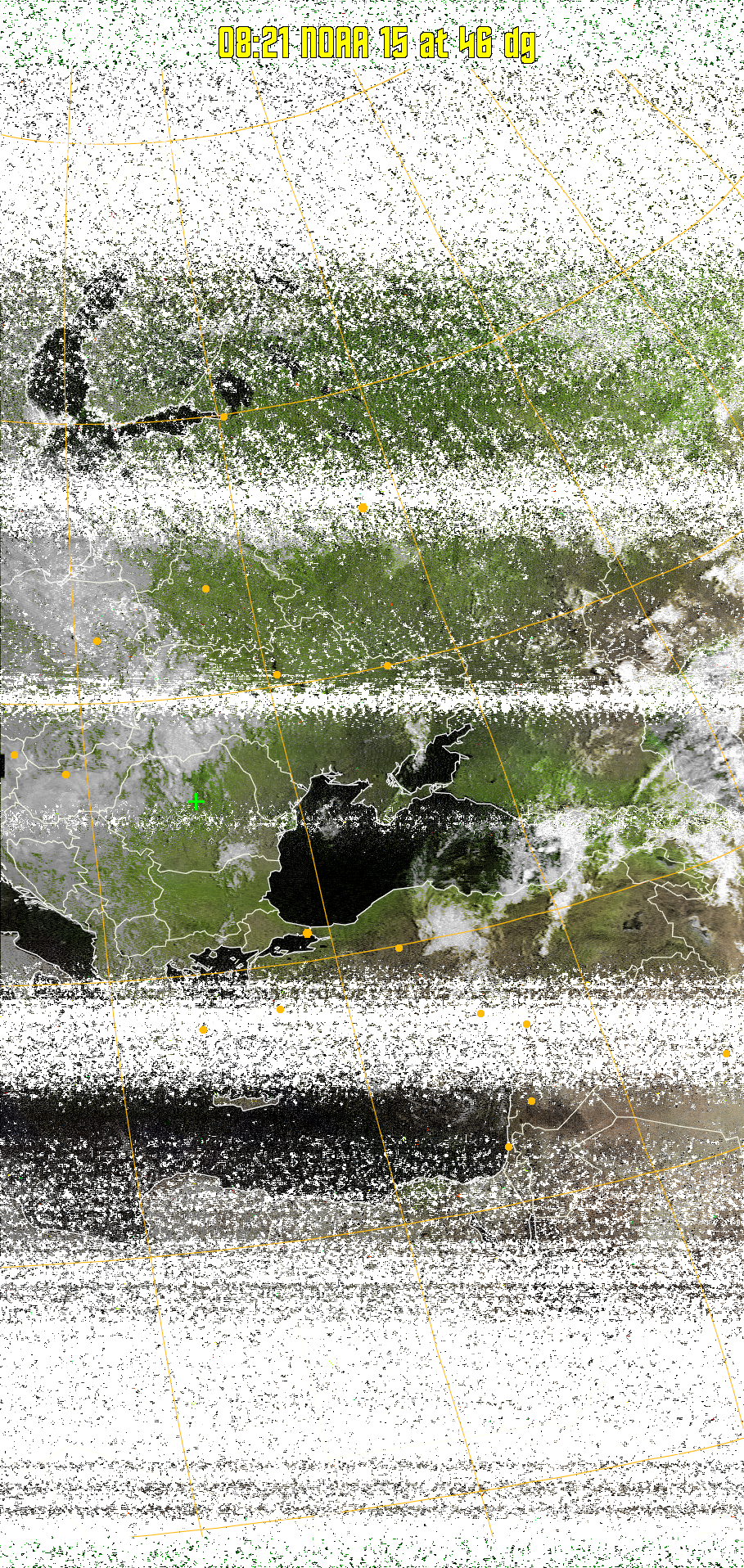 MSA-precip:
Same as MSA multispectral analysis, but high cold cloud tops are coloured the
same as the NO enhancement to give an approximate indication of the probability
and intensity of precipitation.