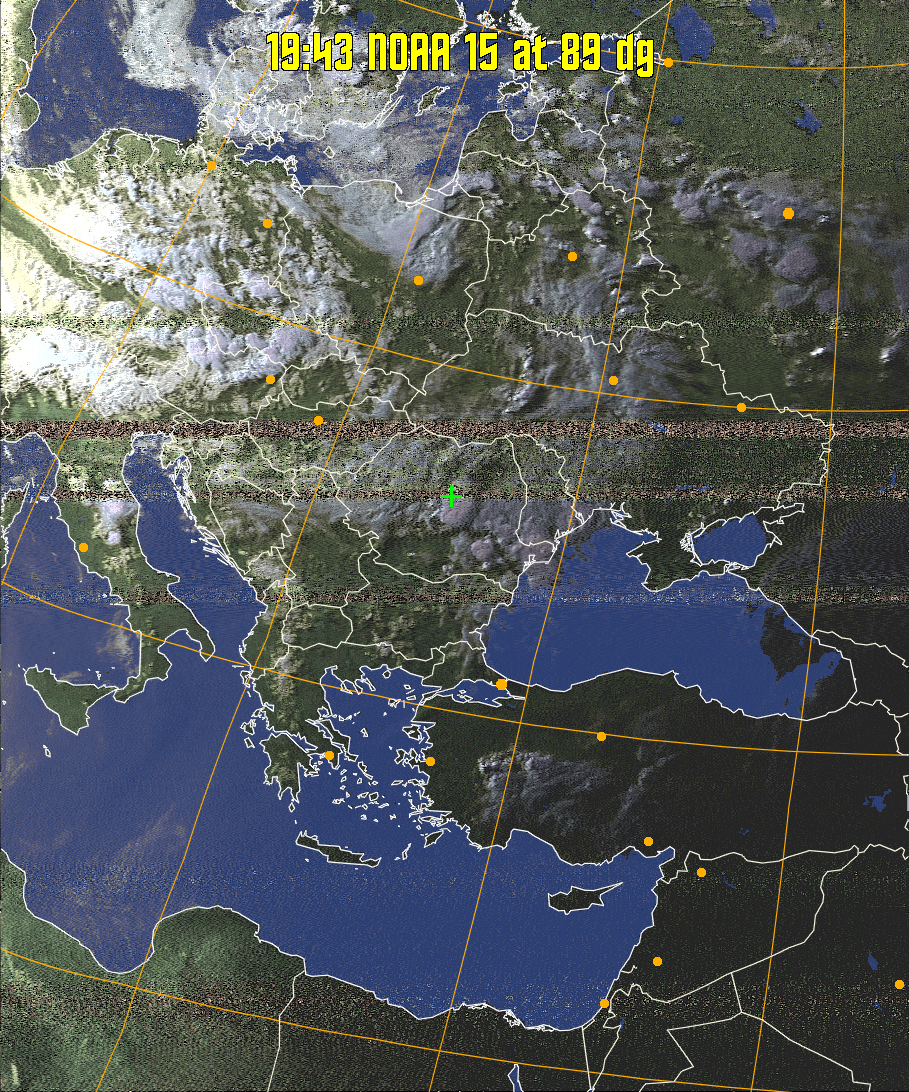 HVCT:
Similar to HVC, but with blue water and with colours more indicative of
land temperatures.
HVC:
Creates a false colour image from NOAA APT images based on temperature using
the HVC colour model. Uses the temperature derived from the sensor 4 image to
select the hue and the brightness from the histogram equalised other image to
select the value and chroma. The HVC colour model attempts to ensure that different colours at the same value will appear to the eye to be the same brightness
and the spacing between colours representing each degree will appear to the eye to
be similar. Bright areas are completely unsaturated in this model.