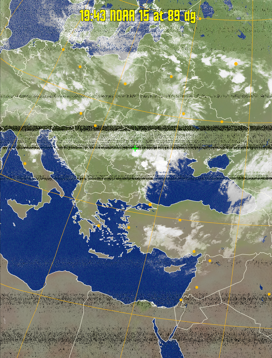 MCIR-precip: 
Colours the NOAA sensor 4 IR image using a map to colour the sea blue and land
green. High clouds appear white, lower clouds gray or land/sea coloured, clouds
generally appear lighter, but distinguishing between land/sea and low cloud may
be difficult. Darker colours indicate warmer regions.