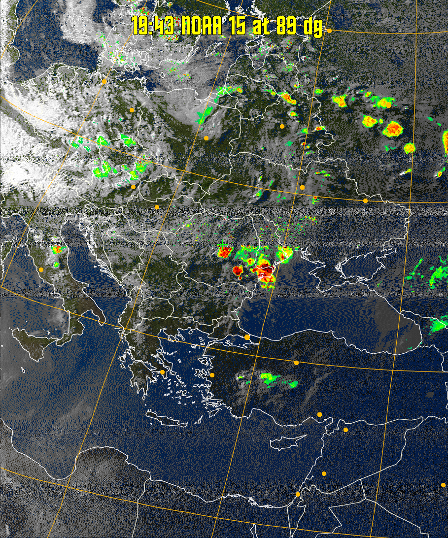 MSA-precip:
Same as MSA multispectral analysis, but high cold cloud tops are coloured the
same as the NO enhancement to give an approximate indication of the probability
and intensity of precipitation.