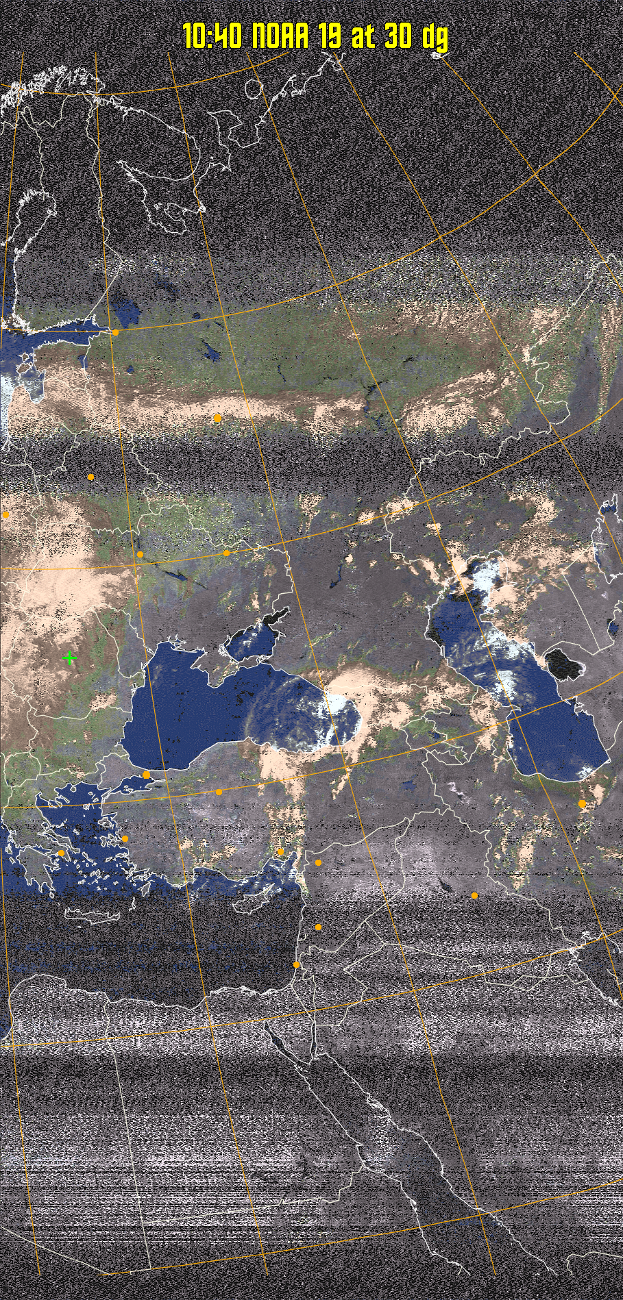 HVCT:
Similar to HVC, but with blue water and with colours more indicative of
land temperatures.
HVC:
Creates a false colour image from NOAA APT images based on temperature using
the HVC colour model. Uses the temperature derived from the sensor 4 image to
select the hue and the brightness from the histogram equalised other image to
select the value and chroma. The HVC colour model attempts to ensure that different colours at the same value will appear to the eye to be the same brightness
and the spacing between colours representing each degree will appear to the eye to
be similar. Bright areas are completely unsaturated in this model.
