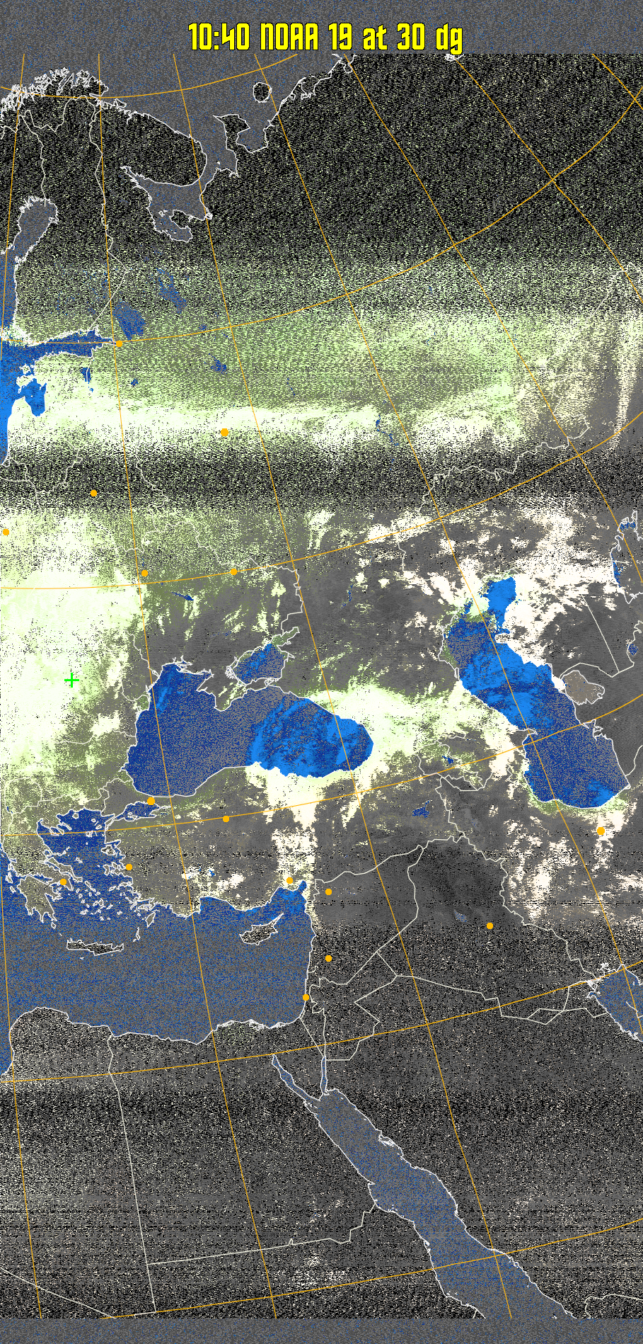 MCIR-precip: 
Colours the NOAA sensor 4 IR image using a map to colour the sea blue and land
green. High clouds appear white, lower clouds gray or land/sea coloured, clouds
generally appear lighter, but distinguishing between land/sea and low cloud may
be difficult. Darker colours indicate warmer regions.