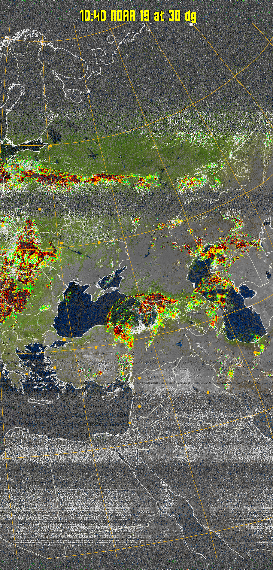 MSA-precip:
Same as MSA multispectral analysis, but high cold cloud tops are coloured the
same as the NO enhancement to give an approximate indication of the probability
and intensity of precipitation.