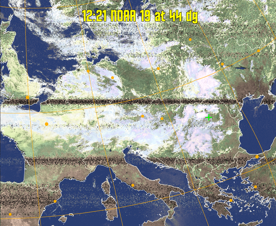 HVCT:
Similar to HVC, but with blue water and with colours more indicative of
land temperatures.
HVC:
Creates a false colour image from NOAA APT images based on temperature using
the HVC colour model. Uses the temperature derived from the sensor 4 image to
select the hue and the brightness from the histogram equalised other image to
select the value and chroma. The HVC colour model attempts to ensure that different colours at the same value will appear to the eye to be the same brightness
and the spacing between colours representing each degree will appear to the eye to
be similar. Bright areas are completely unsaturated in this model.