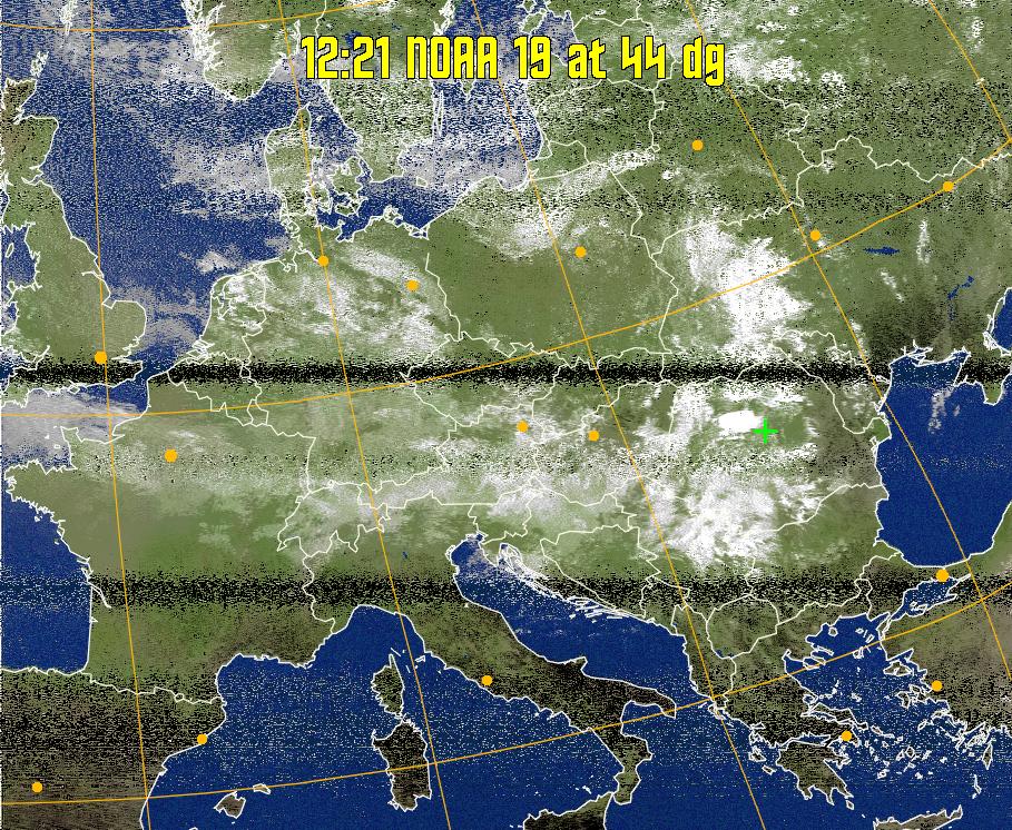 MCIR-precip: 
Colours the NOAA sensor 4 IR image using a map to colour the sea blue and land
green. High clouds appear white, lower clouds gray or land/sea coloured, clouds
generally appear lighter, but distinguishing between land/sea and low cloud may
be difficult. Darker colours indicate warmer regions.