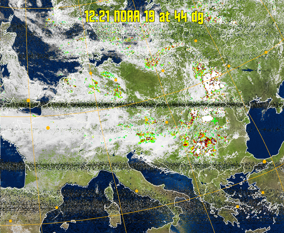 MSA-precip:
Same as MSA multispectral analysis, but high cold cloud tops are coloured the
same as the NO enhancement to give an approximate indication of the probability
and intensity of precipitation.
