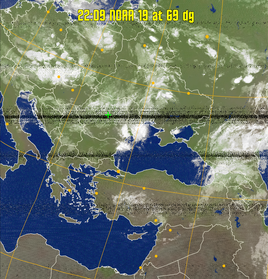 MCIR-precip: 
Colours the NOAA sensor 4 IR image using a map to colour the sea blue and land
green. High clouds appear white, lower clouds gray or land/sea coloured, clouds
generally appear lighter, but distinguishing between land/sea and low cloud may
be difficult. Darker colours indicate warmer regions.