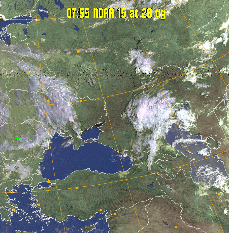 HVCT:
Similar to HVC, but with blue water and with colours more indicative of
land temperatures.
HVC:
Creates a false colour image from NOAA APT images based on temperature using
the HVC colour model. Uses the temperature derived from the sensor 4 image to
select the hue and the brightness from the histogram equalised other image to
select the value and chroma. The HVC colour model attempts to ensure that different colours at the same value will appear to the eye to be the same brightness
and the spacing between colours representing each degree will appear to the eye to
be similar. Bright areas are completely unsaturated in this model.