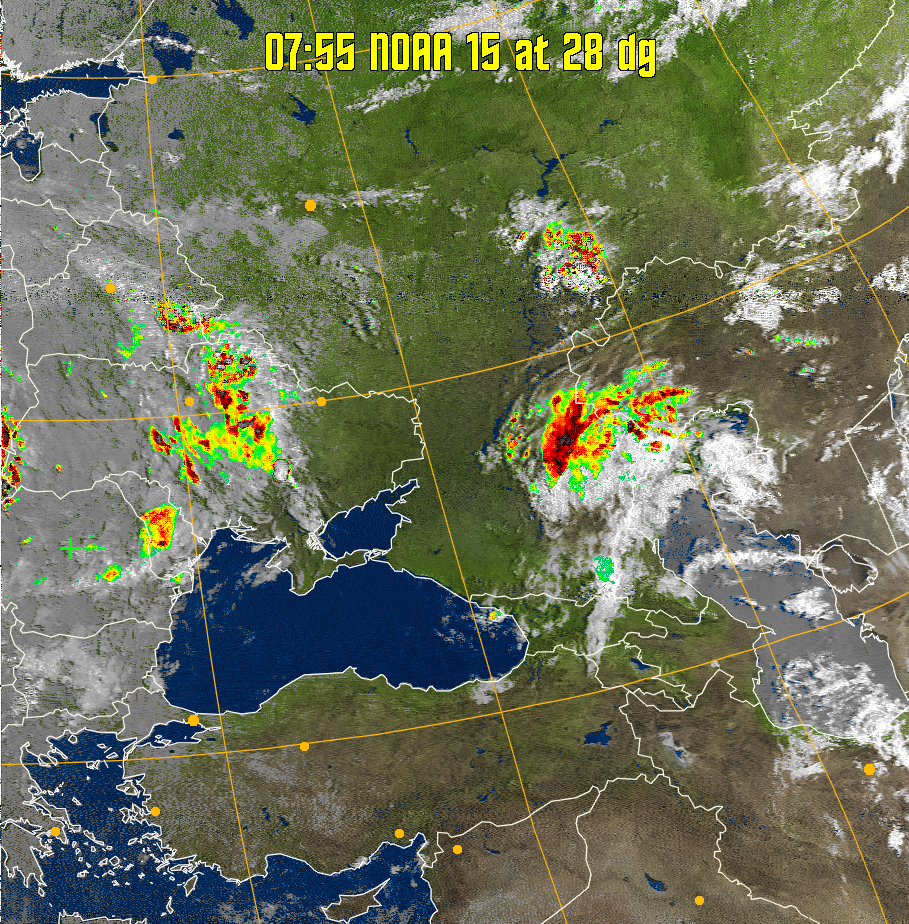 MSA-precip:
Same as MSA multispectral analysis, but high cold cloud tops are coloured the
same as the NO enhancement to give an approximate indication of the probability
and intensity of precipitation.