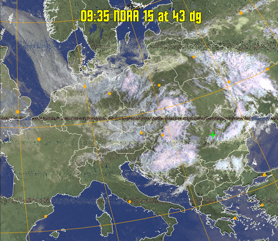 HVCT:
Similar to HVC, but with blue water and with colours more indicative of
land temperatures.
HVC:
Creates a false colour image from NOAA APT images based on temperature using
the HVC colour model. Uses the temperature derived from the sensor 4 image to
select the hue and the brightness from the histogram equalised other image to
select the value and chroma. The HVC colour model attempts to ensure that different colours at the same value will appear to the eye to be the same brightness
and the spacing between colours representing each degree will appear to the eye to
be similar. Bright areas are completely unsaturated in this model.