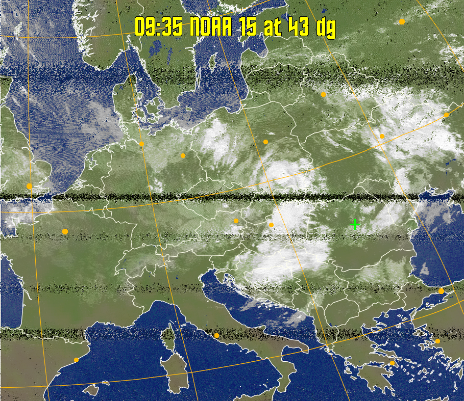 MCIR-precip: 
Colours the NOAA sensor 4 IR image using a map to colour the sea blue and land
green. High clouds appear white, lower clouds gray or land/sea coloured, clouds
generally appear lighter, but distinguishing between land/sea and low cloud may
be difficult. Darker colours indicate warmer regions.