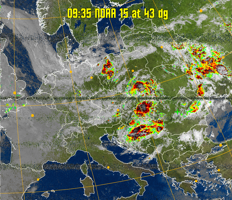 MSA-precip:
Same as MSA multispectral analysis, but high cold cloud tops are coloured the
same as the NO enhancement to give an approximate indication of the probability
and intensity of precipitation.