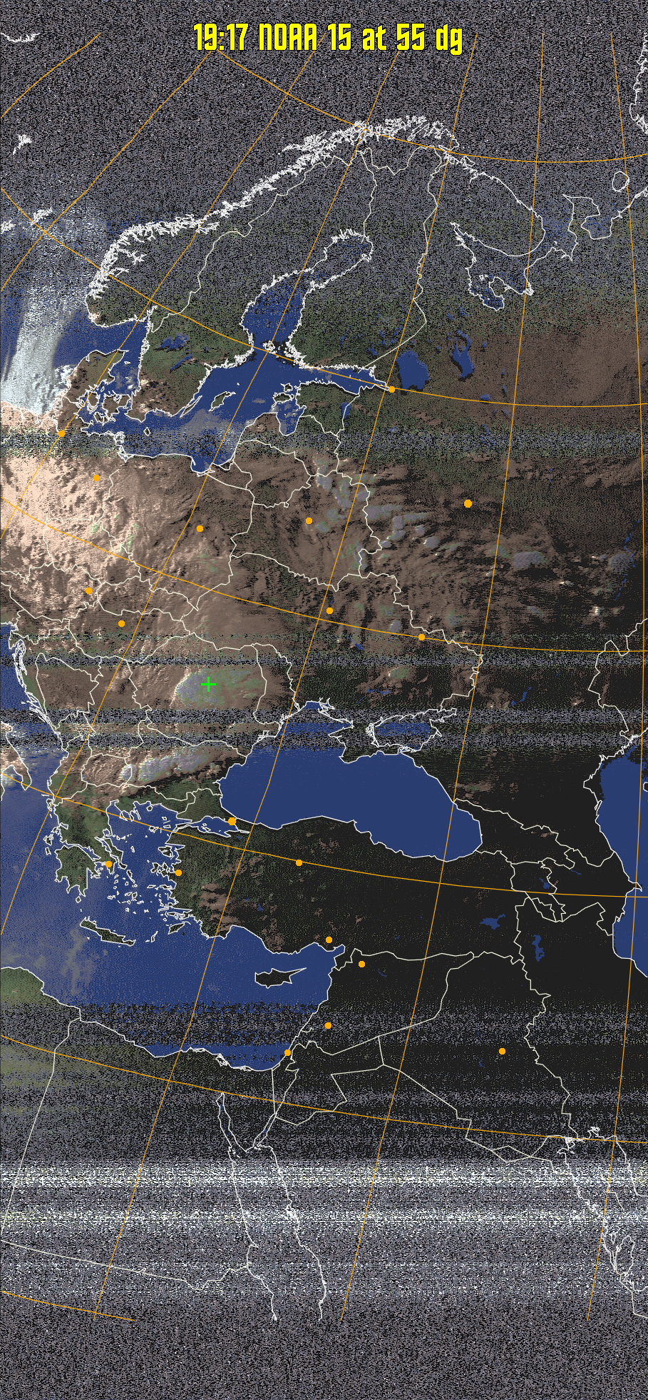 HVCT:
Similar to HVC, but with blue water and with colours more indicative of
land temperatures.
HVC:
Creates a false colour image from NOAA APT images based on temperature using
the HVC colour model. Uses the temperature derived from the sensor 4 image to
select the hue and the brightness from the histogram equalised other image to
select the value and chroma. The HVC colour model attempts to ensure that different colours at the same value will appear to the eye to be the same brightness
and the spacing between colours representing each degree will appear to the eye to
be similar. Bright areas are completely unsaturated in this model.