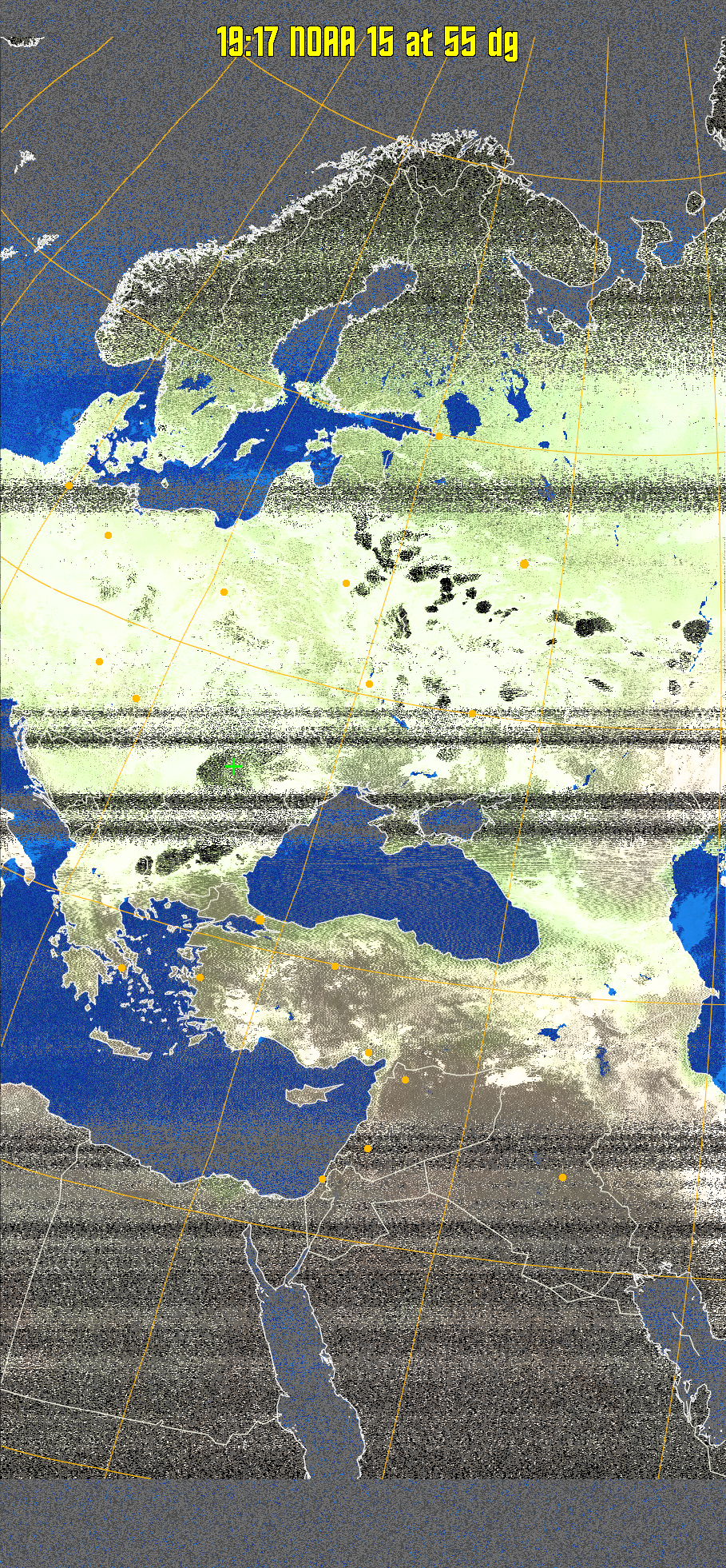 MCIR-precip: 
Colours the NOAA sensor 4 IR image using a map to colour the sea blue and land
green. High clouds appear white, lower clouds gray or land/sea coloured, clouds
generally appear lighter, but distinguishing between land/sea and low cloud may
be difficult. Darker colours indicate warmer regions.