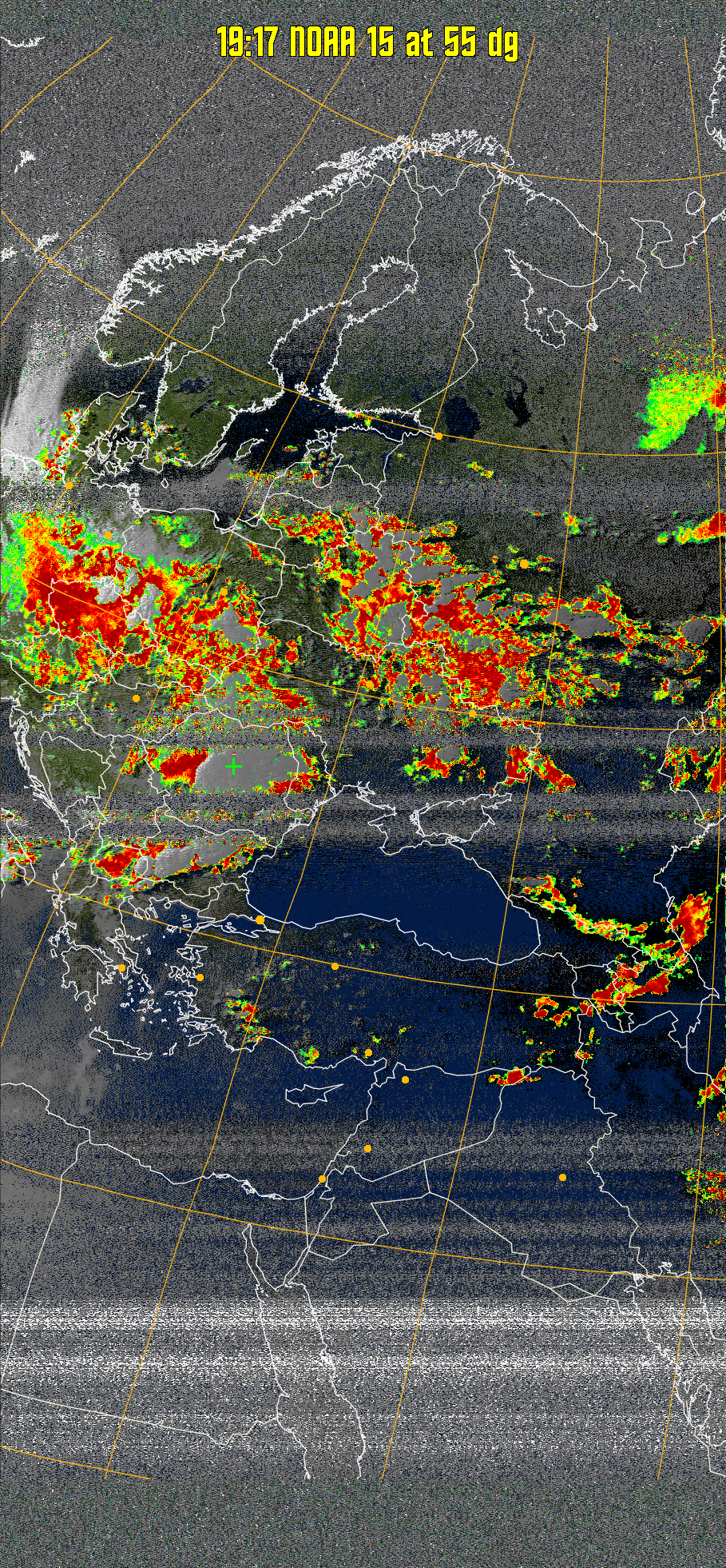 MSA-precip:
Same as MSA multispectral analysis, but high cold cloud tops are coloured the
same as the NO enhancement to give an approximate indication of the probability
and intensity of precipitation.