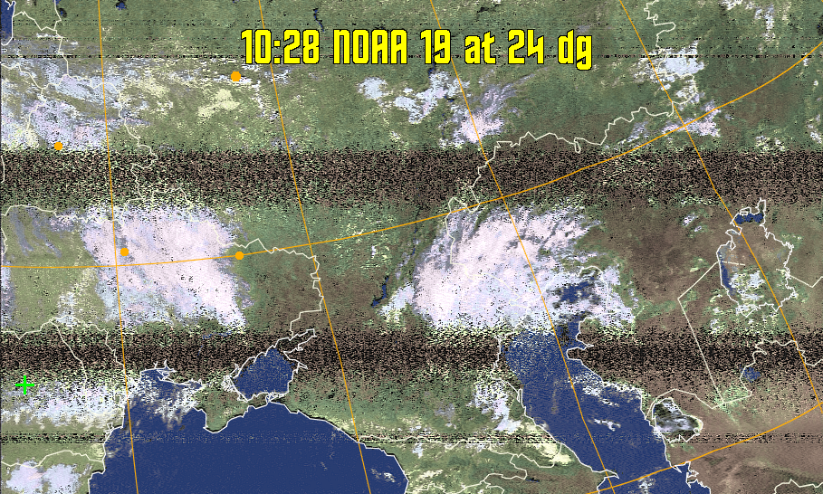 HVCT:
Similar to HVC, but with blue water and with colours more indicative of
land temperatures.
HVC:
Creates a false colour image from NOAA APT images based on temperature using
the HVC colour model. Uses the temperature derived from the sensor 4 image to
select the hue and the brightness from the histogram equalised other image to
select the value and chroma. The HVC colour model attempts to ensure that different colours at the same value will appear to the eye to be the same brightness
and the spacing between colours representing each degree will appear to the eye to
be similar. Bright areas are completely unsaturated in this model.