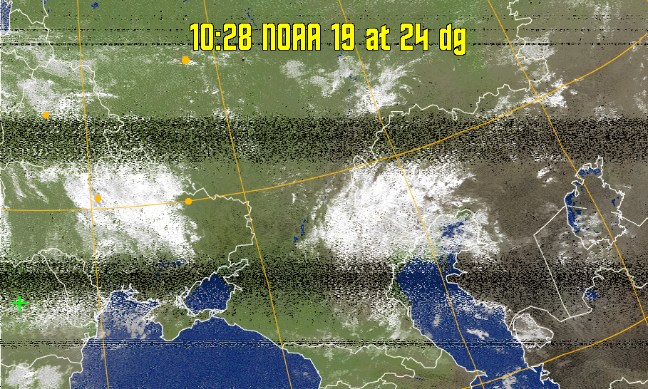 MCIR-precip: 
Colours the NOAA sensor 4 IR image using a map to colour the sea blue and land
green. High clouds appear white, lower clouds gray or land/sea coloured, clouds
generally appear lighter, but distinguishing between land/sea and low cloud may
be difficult. Darker colours indicate warmer regions.