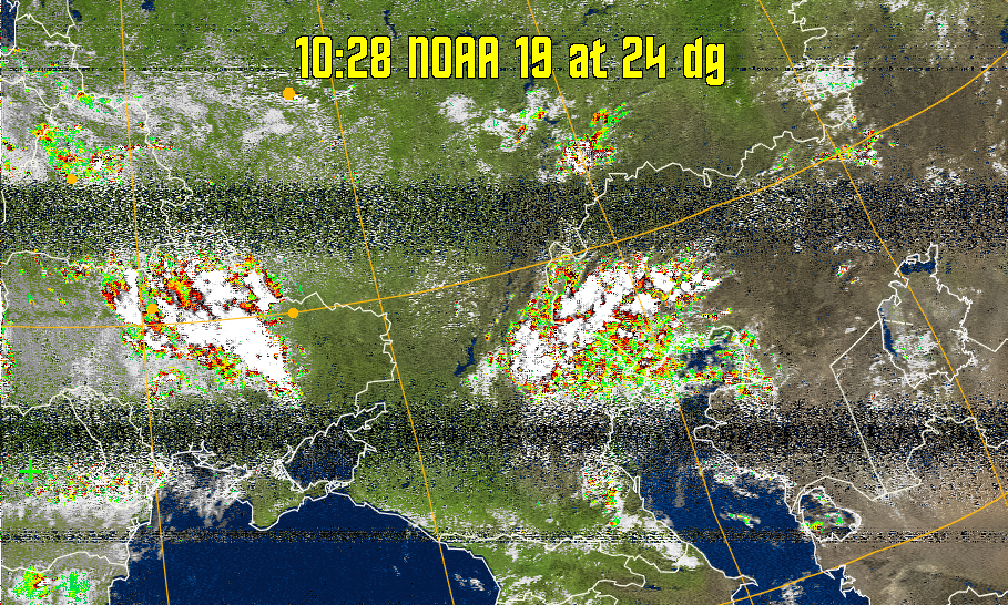 MSA-precip:
Same as MSA multispectral analysis, but high cold cloud tops are coloured the
same as the NO enhancement to give an approximate indication of the probability
and intensity of precipitation.