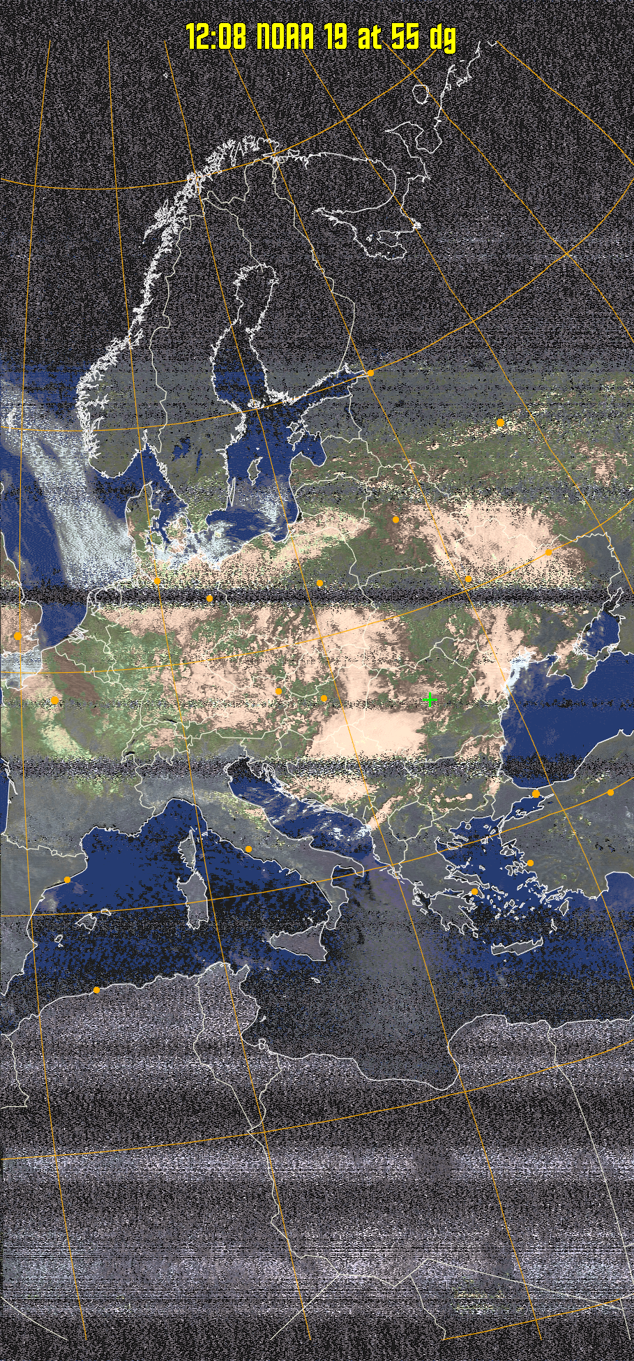 HVCT:
Similar to HVC, but with blue water and with colours more indicative of
land temperatures.
HVC:
Creates a false colour image from NOAA APT images based on temperature using
the HVC colour model. Uses the temperature derived from the sensor 4 image to
select the hue and the brightness from the histogram equalised other image to
select the value and chroma. The HVC colour model attempts to ensure that different colours at the same value will appear to the eye to be the same brightness
and the spacing between colours representing each degree will appear to the eye to
be similar. Bright areas are completely unsaturated in this model.
