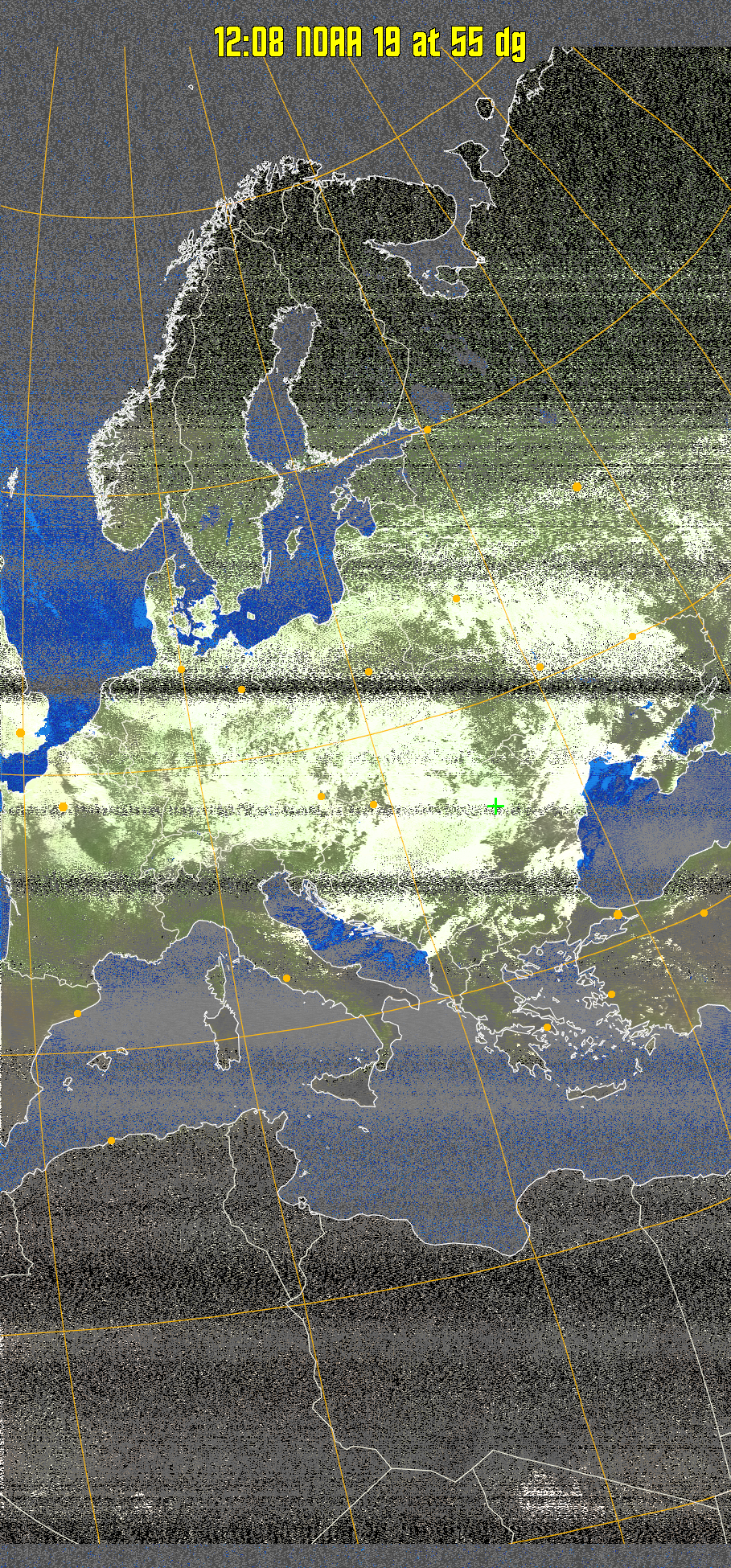 MCIR-precip: 
Colours the NOAA sensor 4 IR image using a map to colour the sea blue and land
green. High clouds appear white, lower clouds gray or land/sea coloured, clouds
generally appear lighter, but distinguishing between land/sea and low cloud may
be difficult. Darker colours indicate warmer regions.