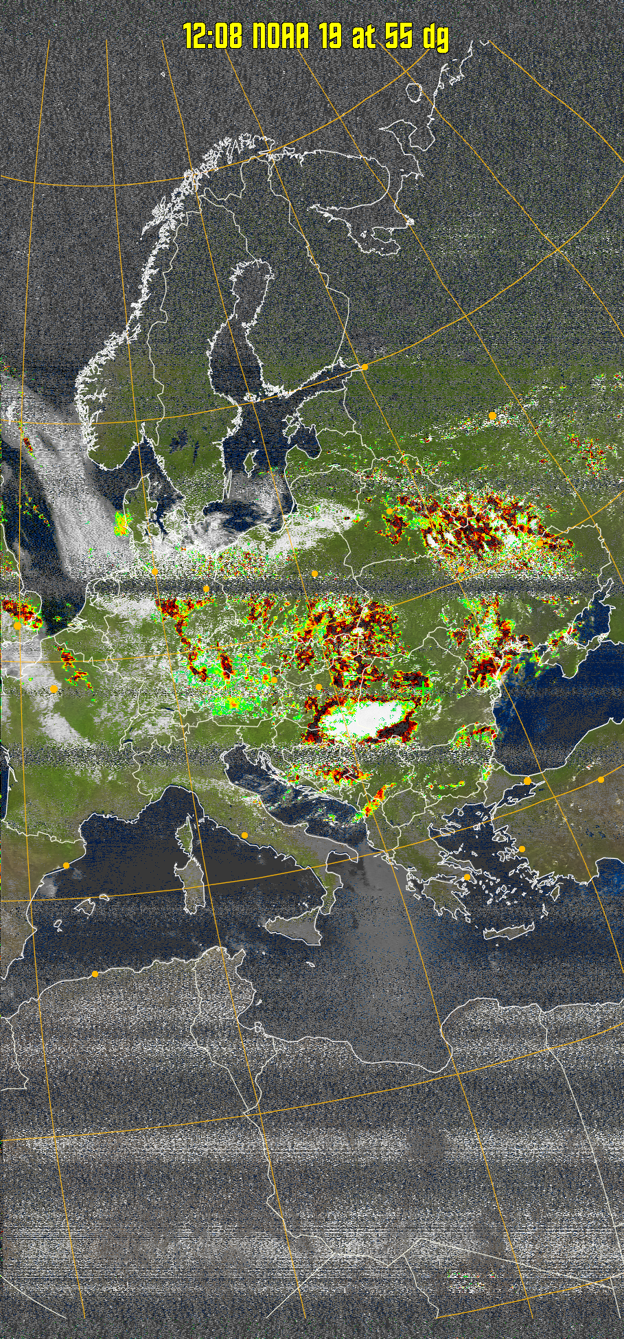 MSA-precip:
Same as MSA multispectral analysis, but high cold cloud tops are coloured the
same as the NO enhancement to give an approximate indication of the probability
and intensity of precipitation.