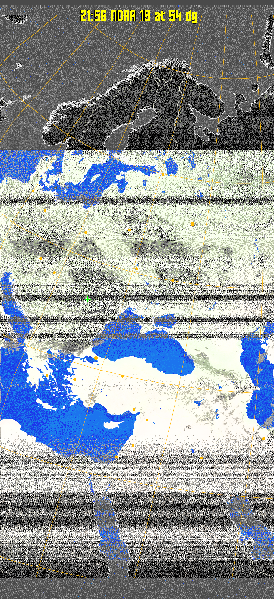 MCIR-precip: 
Colours the NOAA sensor 4 IR image using a map to colour the sea blue and land
green. High clouds appear white, lower clouds gray or land/sea coloured, clouds
generally appear lighter, but distinguishing between land/sea and low cloud may
be difficult. Darker colours indicate warmer regions.