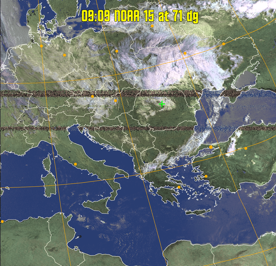 HVCT:
Similar to HVC, but with blue water and with colours more indicative of
land temperatures.
HVC:
Creates a false colour image from NOAA APT images based on temperature using
the HVC colour model. Uses the temperature derived from the sensor 4 image to
select the hue and the brightness from the histogram equalised other image to
select the value and chroma. The HVC colour model attempts to ensure that different colours at the same value will appear to the eye to be the same brightness
and the spacing between colours representing each degree will appear to the eye to
be similar. Bright areas are completely unsaturated in this model.