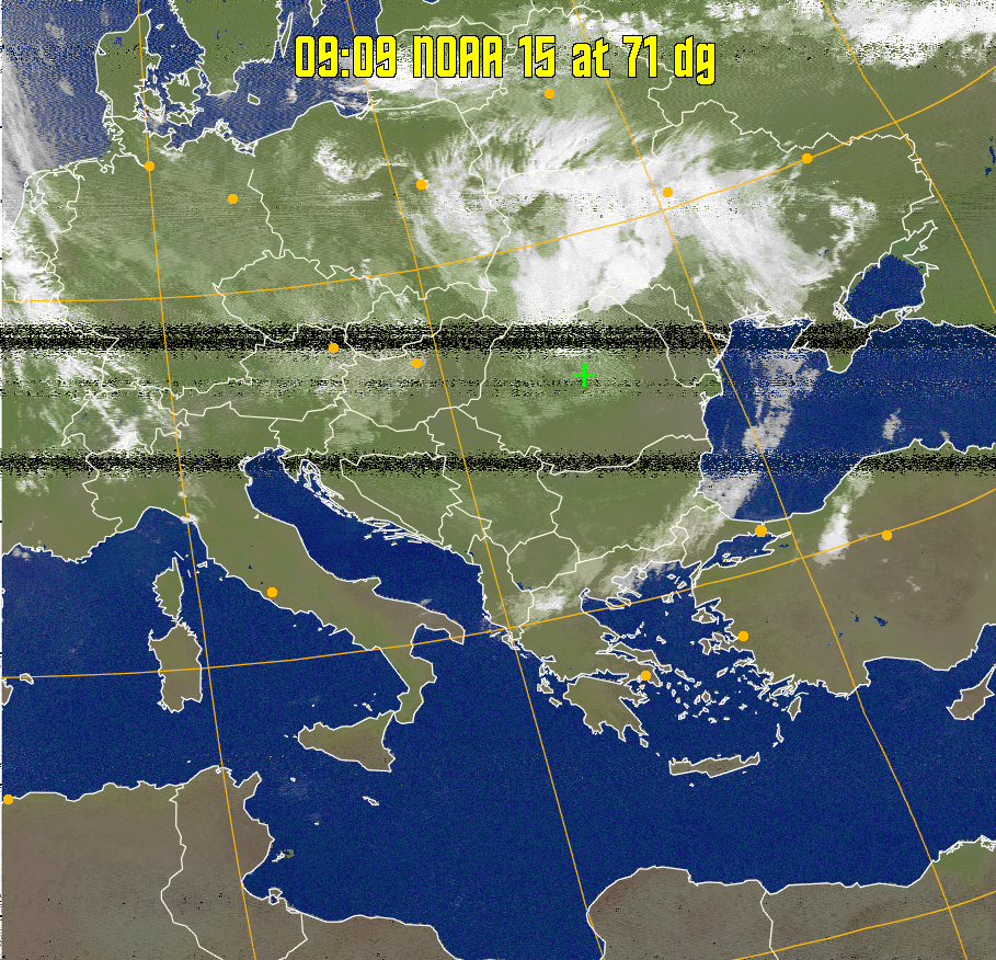 MCIR-precip: 
Colours the NOAA sensor 4 IR image using a map to colour the sea blue and land
green. High clouds appear white, lower clouds gray or land/sea coloured, clouds
generally appear lighter, but distinguishing between land/sea and low cloud may
be difficult. Darker colours indicate warmer regions.