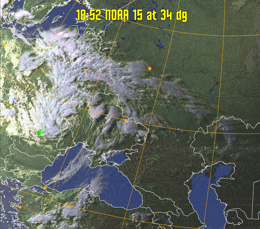 HVCT:
Similar to HVC, but with blue water and with colours more indicative of
land temperatures.
HVC:
Creates a false colour image from NOAA APT images based on temperature using
the HVC colour model. Uses the temperature derived from the sensor 4 image to
select the hue and the brightness from the histogram equalised other image to
select the value and chroma. The HVC colour model attempts to ensure that different colours at the same value will appear to the eye to be the same brightness
and the spacing between colours representing each degree will appear to the eye to
be similar. Bright areas are completely unsaturated in this model.