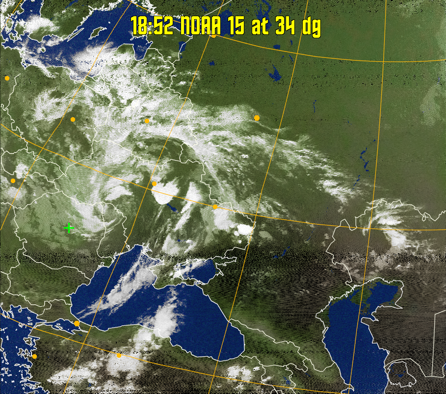 MCIR-precip: 
Colours the NOAA sensor 4 IR image using a map to colour the sea blue and land
green. High clouds appear white, lower clouds gray or land/sea coloured, clouds
generally appear lighter, but distinguishing between land/sea and low cloud may
be difficult. Darker colours indicate warmer regions.