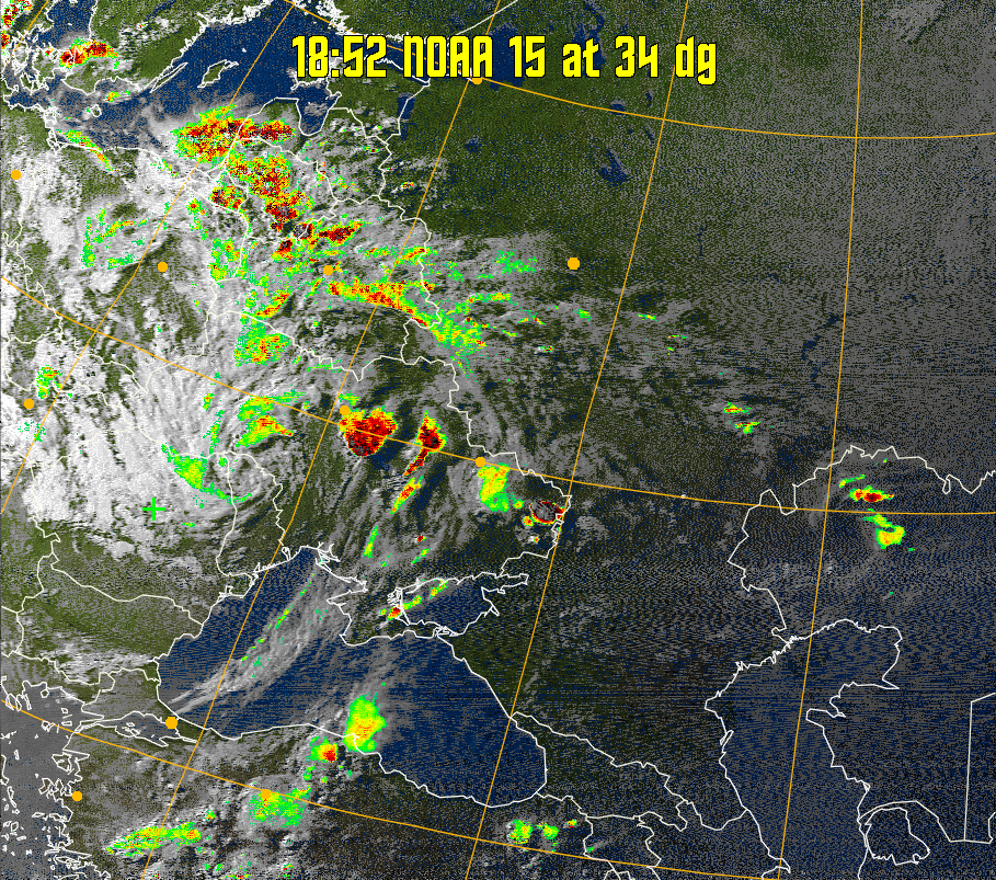 MSA-precip:
Same as MSA multispectral analysis, but high cold cloud tops are coloured the
same as the NO enhancement to give an approximate indication of the probability
and intensity of precipitation.