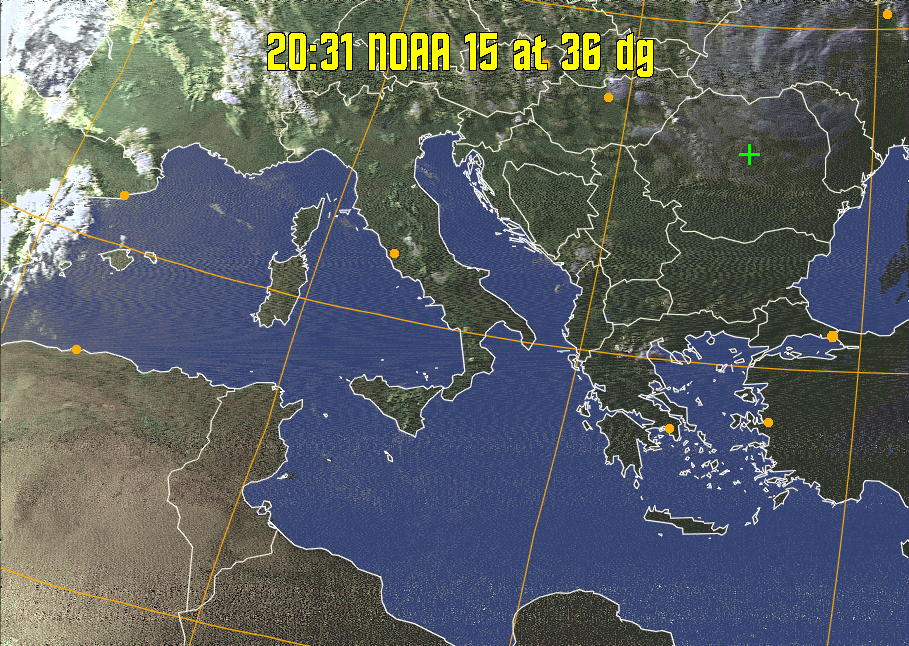 HVCT:
Similar to HVC, but with blue water and with colours more indicative of
land temperatures.
HVC:
Creates a false colour image from NOAA APT images based on temperature using
the HVC colour model. Uses the temperature derived from the sensor 4 image to
select the hue and the brightness from the histogram equalised other image to
select the value and chroma. The HVC colour model attempts to ensure that different colours at the same value will appear to the eye to be the same brightness
and the spacing between colours representing each degree will appear to the eye to
be similar. Bright areas are completely unsaturated in this model.