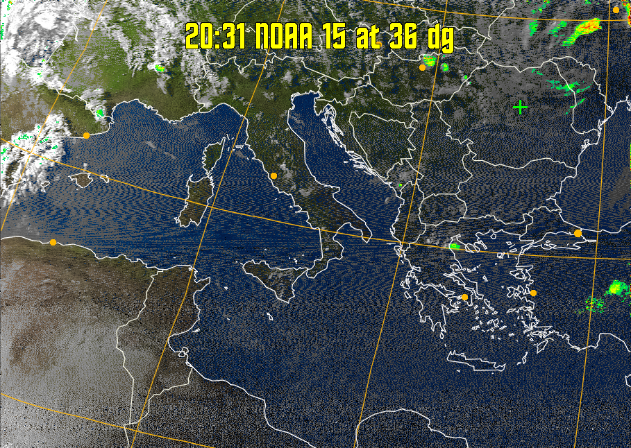 MSA-precip:
Same as MSA multispectral analysis, but high cold cloud tops are coloured the
same as the NO enhancement to give an approximate indication of the probability
and intensity of precipitation.