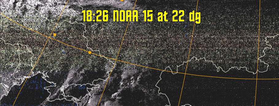HVCT:
Similar to HVC, but with blue water and with colours more indicative of
land temperatures.
HVC:
Creates a false colour image from NOAA APT images based on temperature using
the HVC colour model. Uses the temperature derived from the sensor 4 image to
select the hue and the brightness from the histogram equalised other image to
select the value and chroma. The HVC colour model attempts to ensure that different colours at the same value will appear to the eye to be the same brightness
and the spacing between colours representing each degree will appear to the eye to
be similar. Bright areas are completely unsaturated in this model.